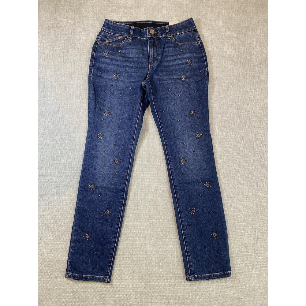 Chicos Jeans Womens 2P Petite Blue Secret Stretch Jeggings Rhinestone Studded